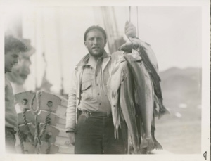 Image of Russell Welsh and trout. Wilfred Winters at left